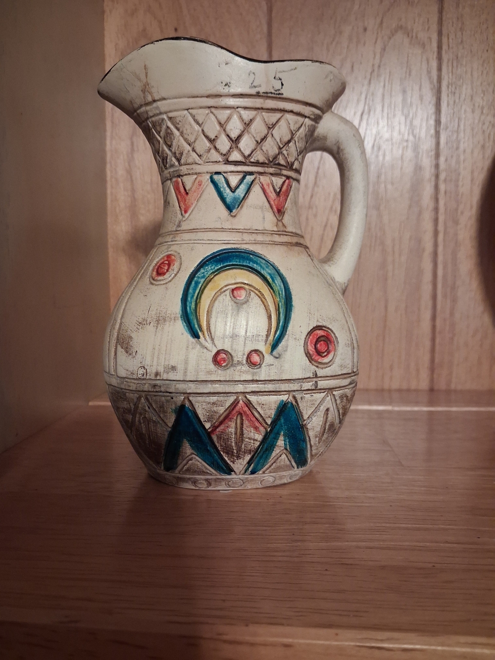 Cream Ceramic Pitcher with Teal and Coral Geometric Accents